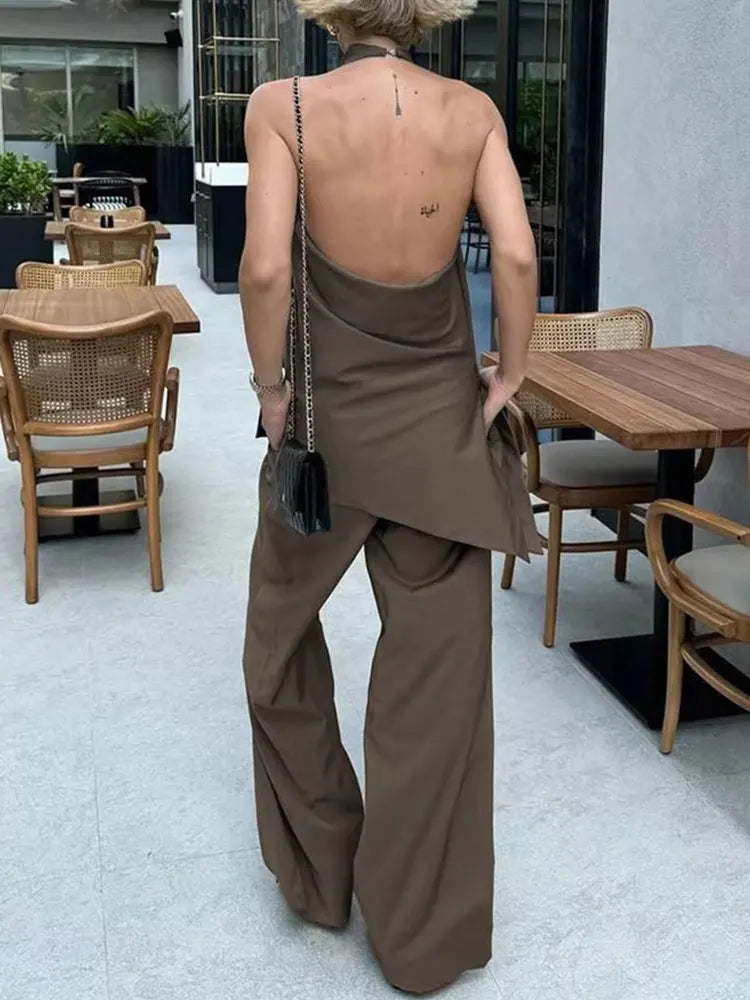 HH Frauen Vintage Solide Hose Sets Sexy Backless Halter Camis Top Asymmetrische Tank Top + Kordelzug Hosen Mode Streetwear