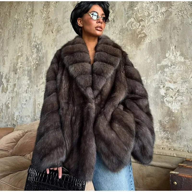 Brauner mittellanger Pelzmantel für Damen, Revers, versteckter Knopf, lockere, elegante Oberbekleidung, 2025, modischer Bürodame, Pendelmantel, Neu