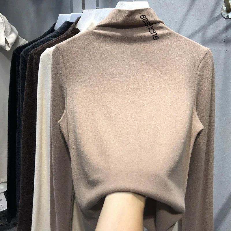 Harajuku half turtleneck Casual slim fleece Thick bottoming T-shirt autumn winter velvet Long Sleeve solid T Shirt Women y2k Top
