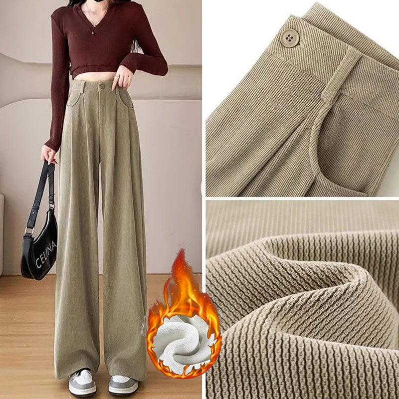 Heißer Verkauf Winter Dame Schnee Warme Hosen Mädchen Klassische Fleece Hohe Taille Hose Frauen Gerade Bein Plüsch Thermische Casual Hosen