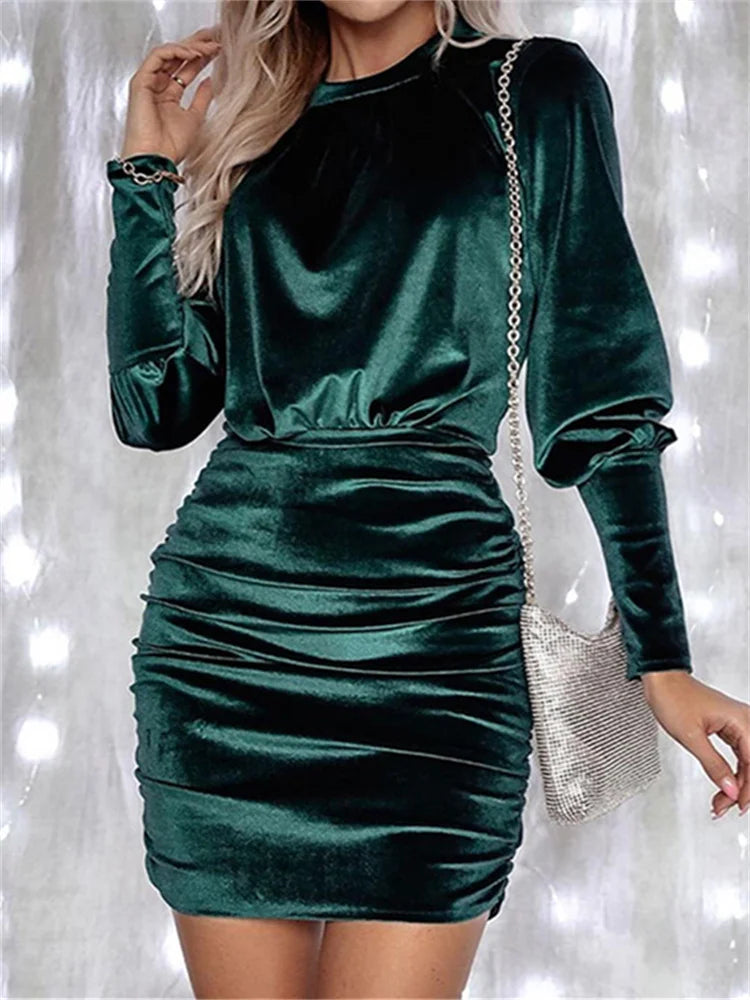 Damen Herbst-Samtkleid, einfarbig, Rundhalsausschnitt, Laterne, lange Ärmel, gerüscht, figurbetont, Minikleider, Party, elegant