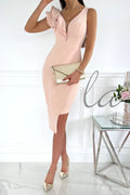 Rüschen Low Cut Bodycon Midi Kleid für Hochzeiten als Gast formell mit Rücken Reiß verschluss ärmelloses Seitens chlitz Kleid платье женское