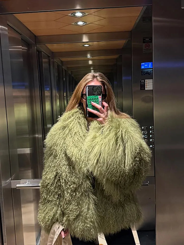 Mongolei Woolen Faux Pelz Jacke Solide Frauen Mode Drehen Unten Kragen Langarm Strickjacke Kurze Mäntel Dame Täglichen Straße Outwears