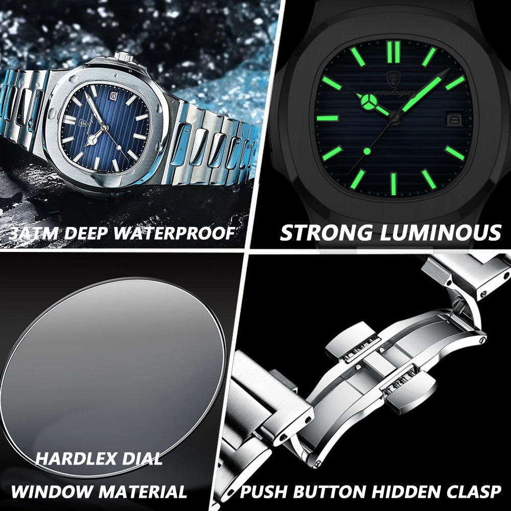 POEDAGAR Luxus Casual Uhr Top Marke Fashion Square Zifferblatt Edelstahl Kalender Leuchtende Wasserdichte Männer Uhr Männliche Uhr + Box