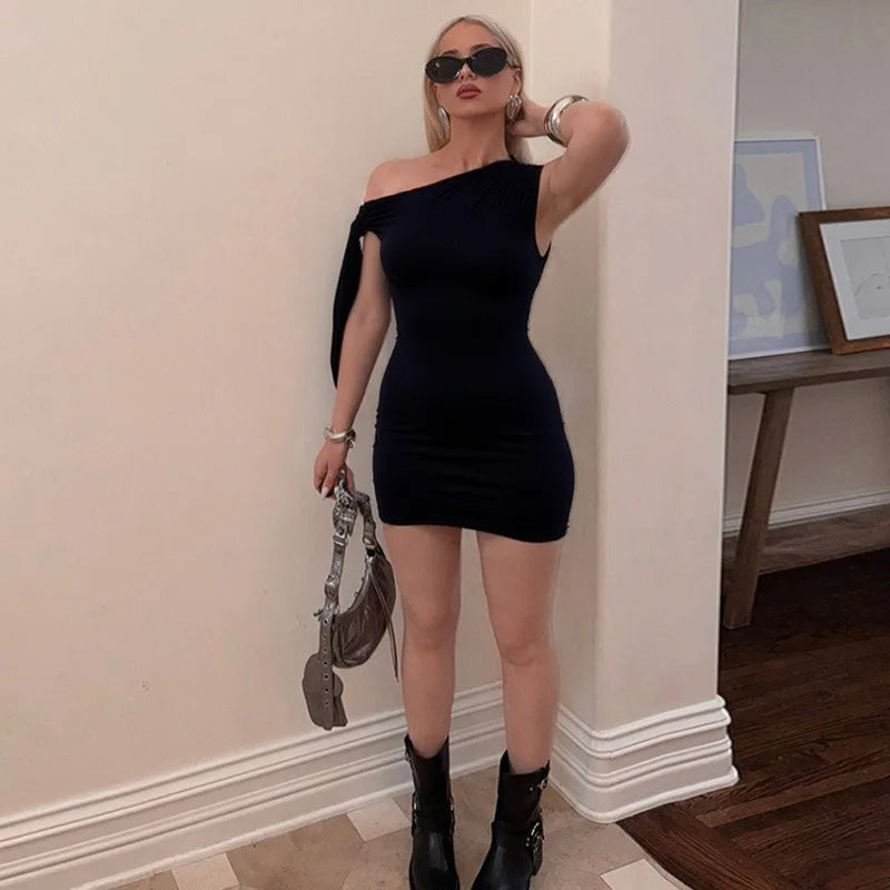 Talenza Schwarz Eine Schulter Mini Kleid Mode Heiße Mädchen Sexy Ärmellose Patchwork Bandage Kurze Kleider Frauen Neue Enge Kleider