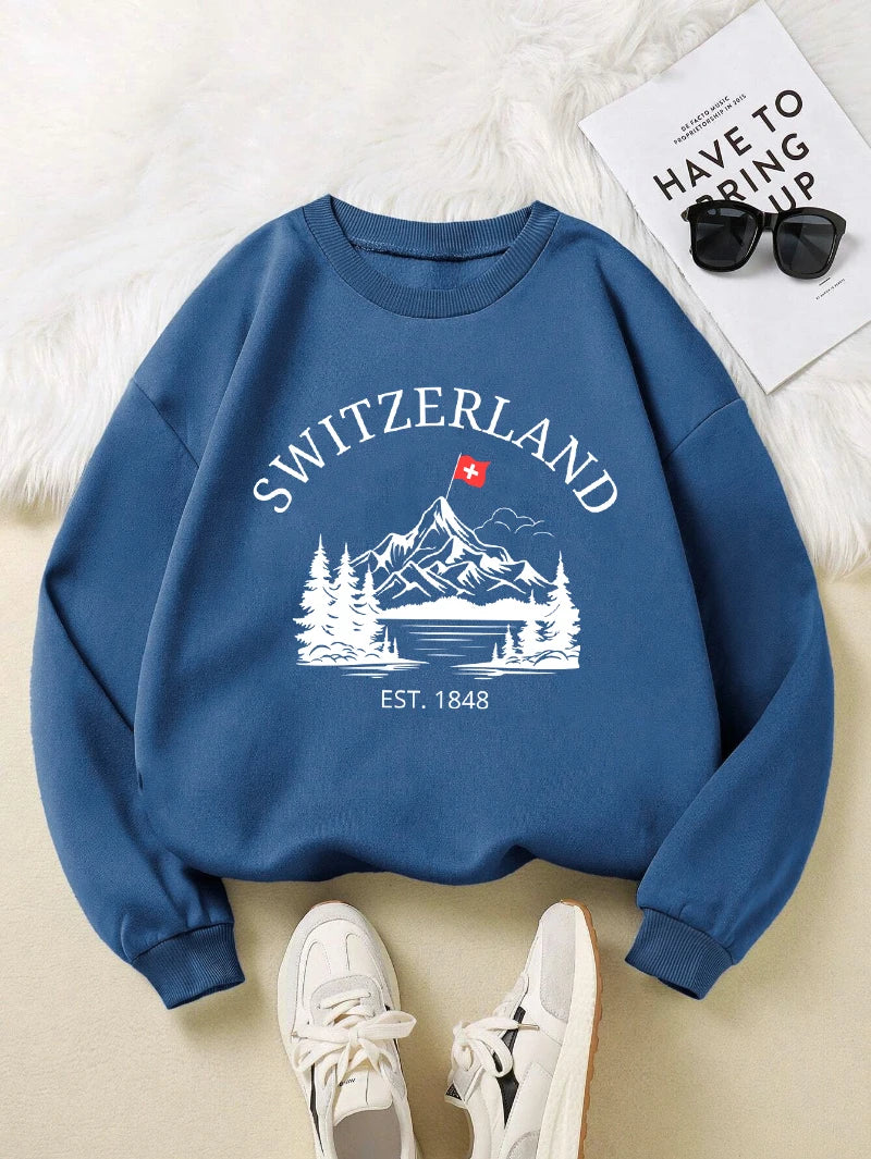 Switzerland Snow Mountain Design Women Sweatshirt Y2K Fleece Pullovers Crewneck Casual Streetwear Street Hip Hop Clothes