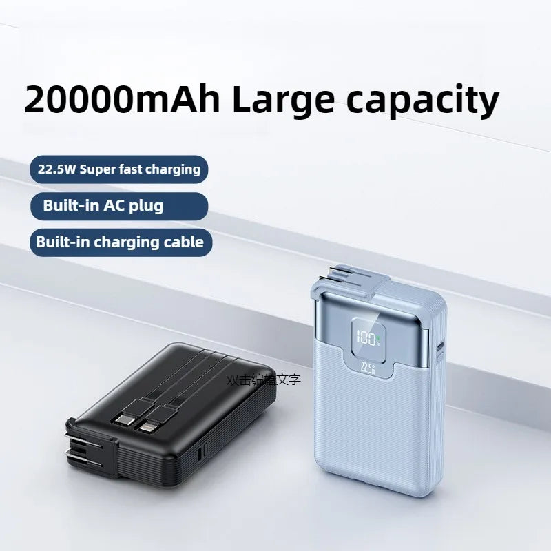 20000 mAh Superschnelllade-Powerbank 2-in-1 mit AC-Stecker, multifunktional mit Dual-Wire-Wandstecker, mobiles Netzteil
