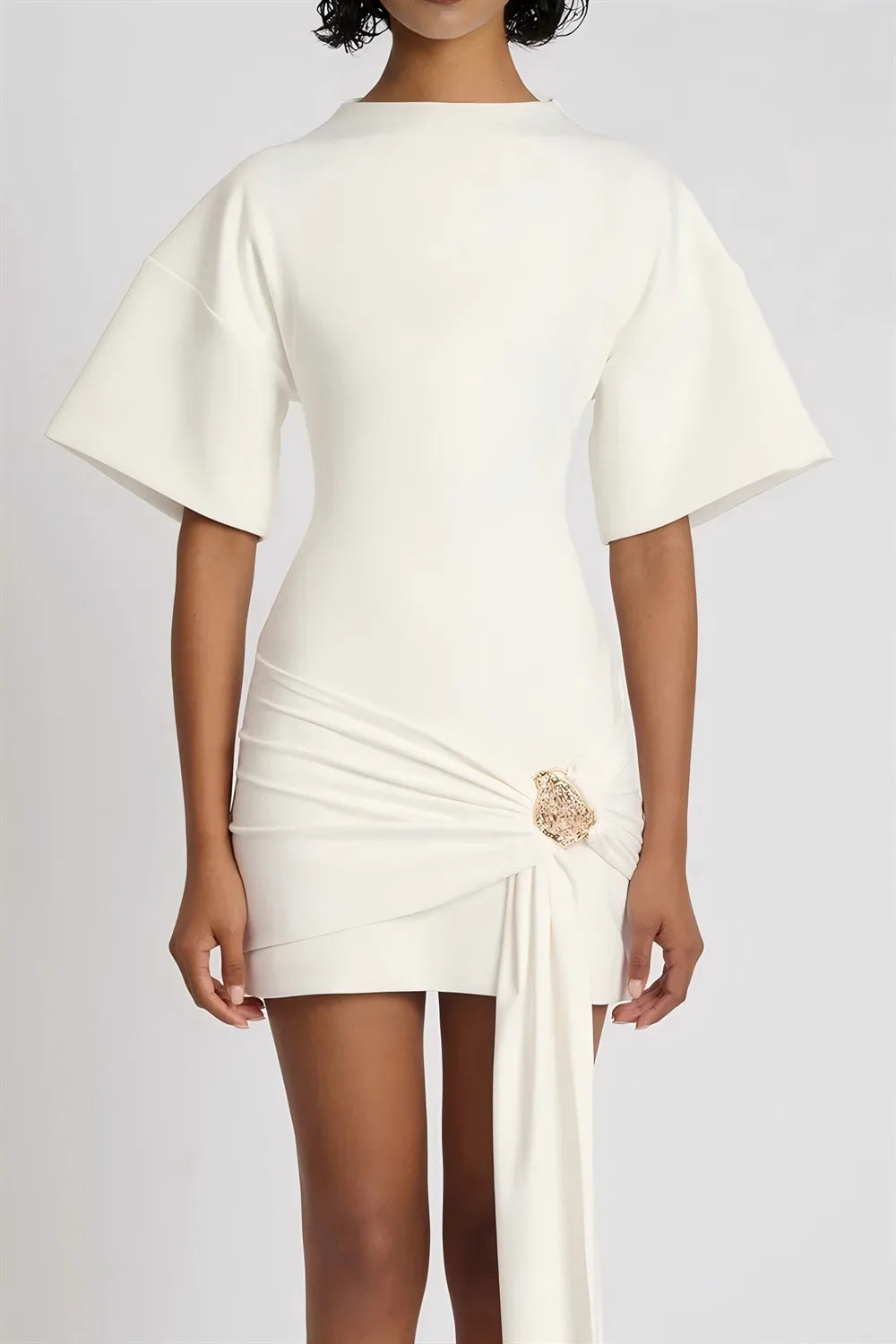 Apprabant Women Buckle Ruched Ribbon Mini Dress O-Neck Metal Short Sleeve Solid Color Silm Bodycon Short Dress Casual Partywear