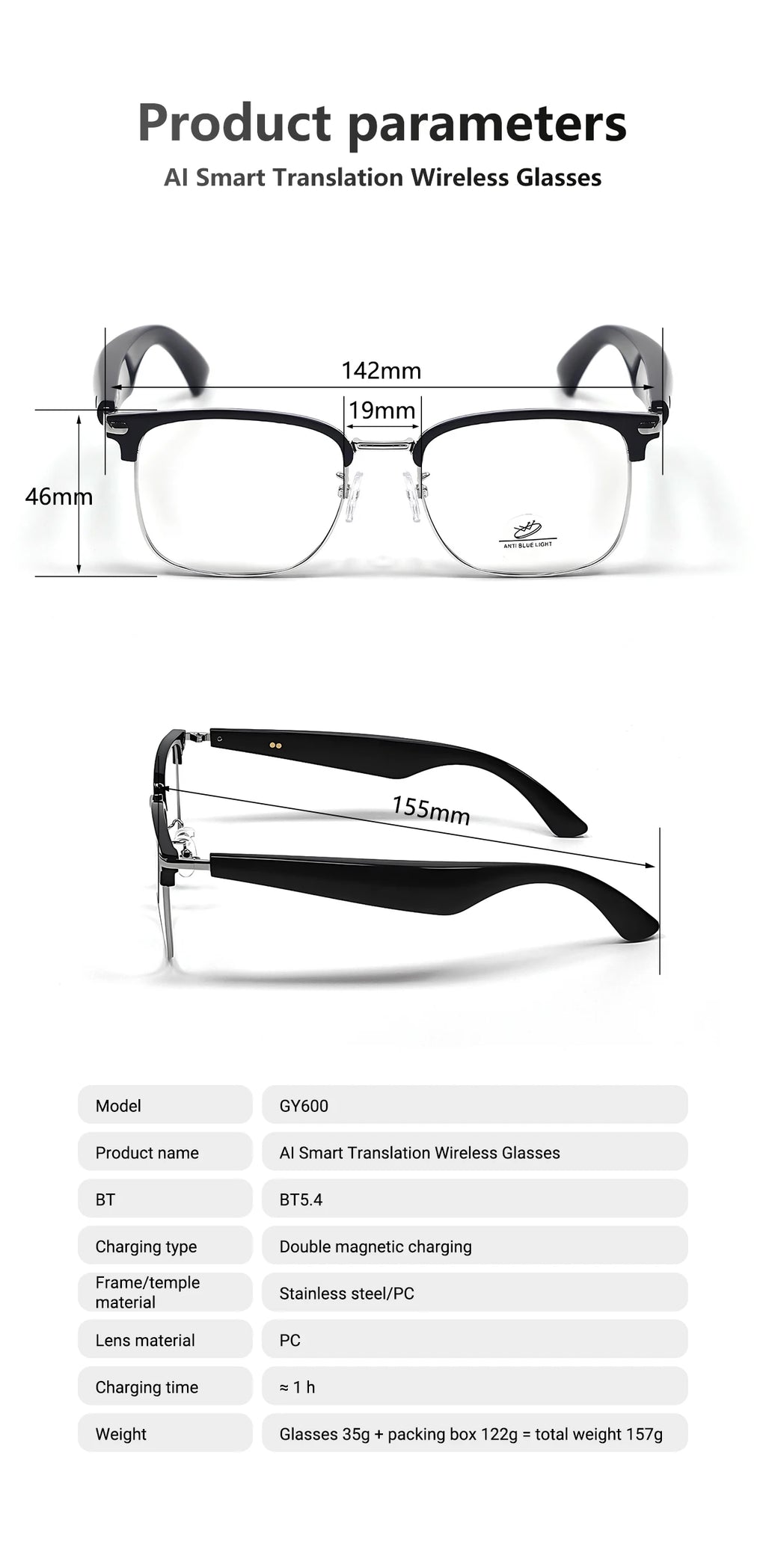 AI Simultaneous Translation Smart Wireless Bluetooth Glasses Anti-Blue Light Glasses Music Play Phone Answering Multi-functional