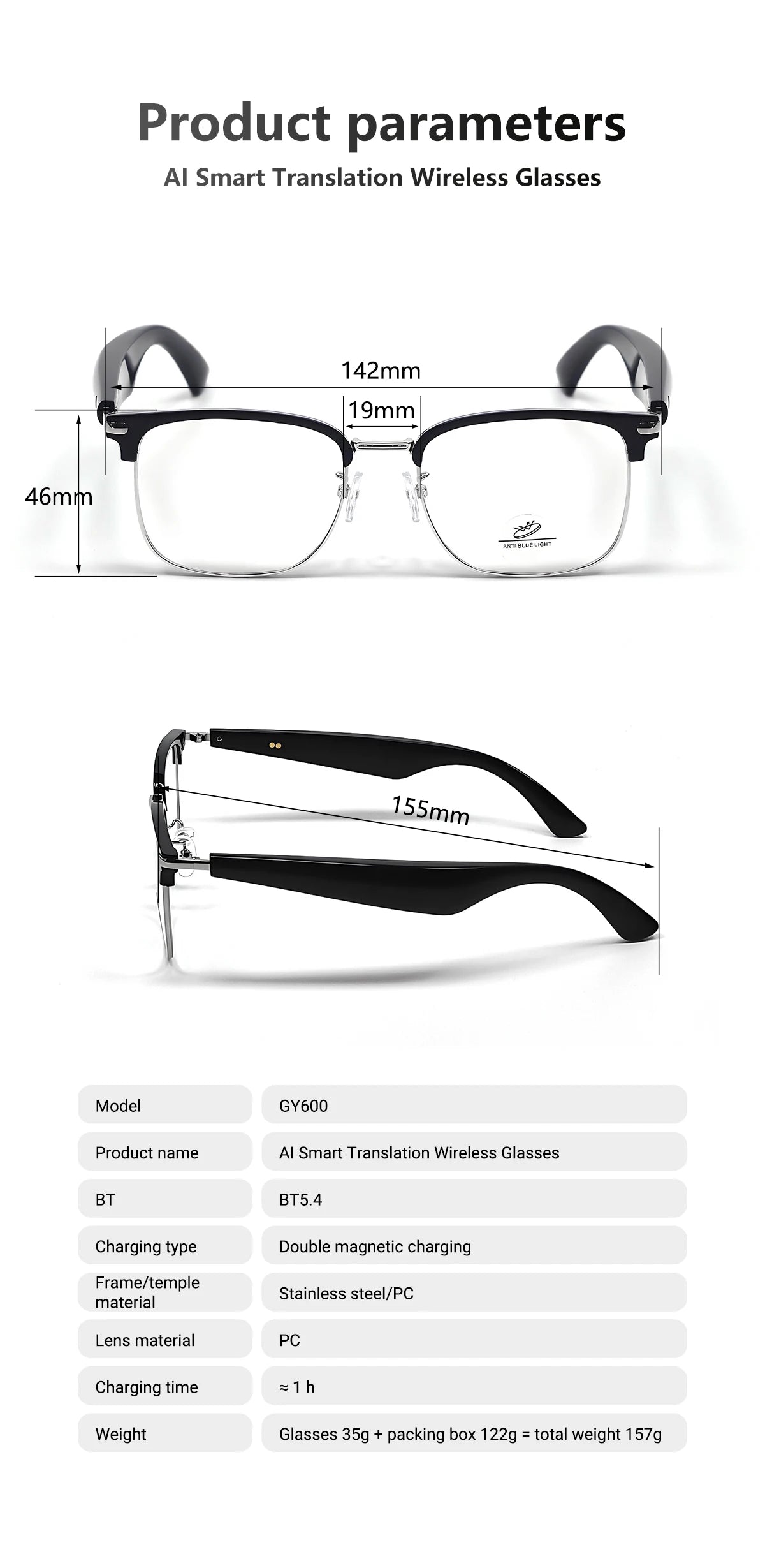 AI Simultaneous Translation Smart Wireless Bluetooth Glasses Anti-Blue Light Glasses Music Play Phone Answering Multi-functional