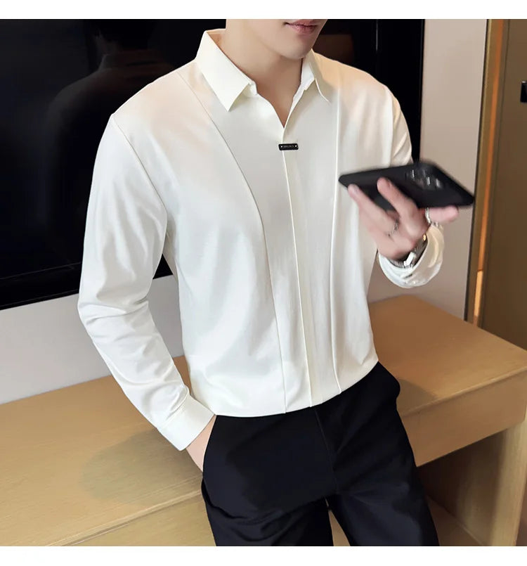 Herren-Poloshirt mit langen Ärmeln, 2026, Frühling, britischer Stil, einfarbig, elastisch, schmale Passform, T-Shirt, formelle Kleidung, Poloshirt, Herrenbekleidung