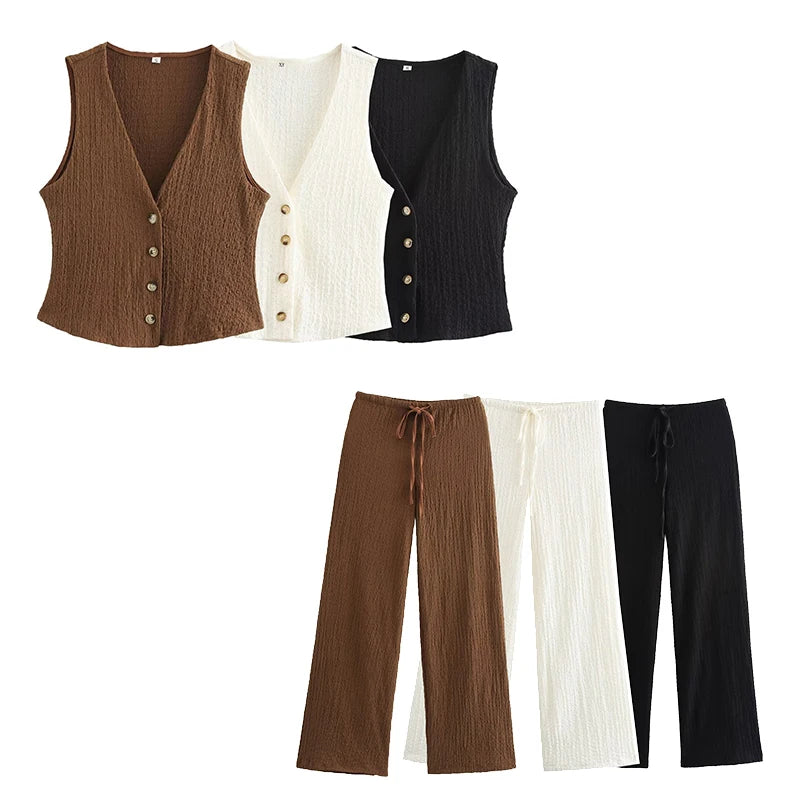 Willshela Frauen Mode 2-teiliges Set Solide Einreiher Tank Tops & Vintage Hohe Elastische Taille Hosen Weibliche Chic Hosen Anzug