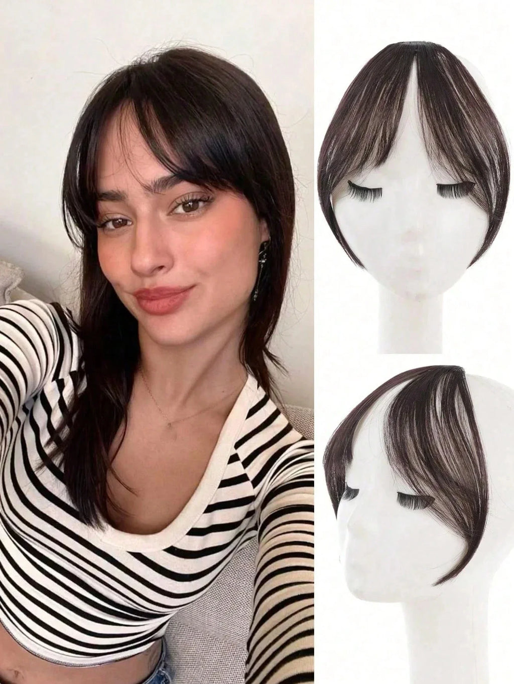 Syntheseperücke, mittlerer Teil, Pony, Haarverlängerungen, Clip-in-Stirn, natürlich, nahtlos, französischer schräger Pony, Pony mit acht Zeichen