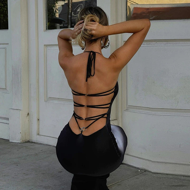 Hugcitar 2025 Frühling Halter Print Halter-Backless Verband Gürtel Sexy Bodycon Maxi Kleid Frauen Mode Outfits Streetwear Festival