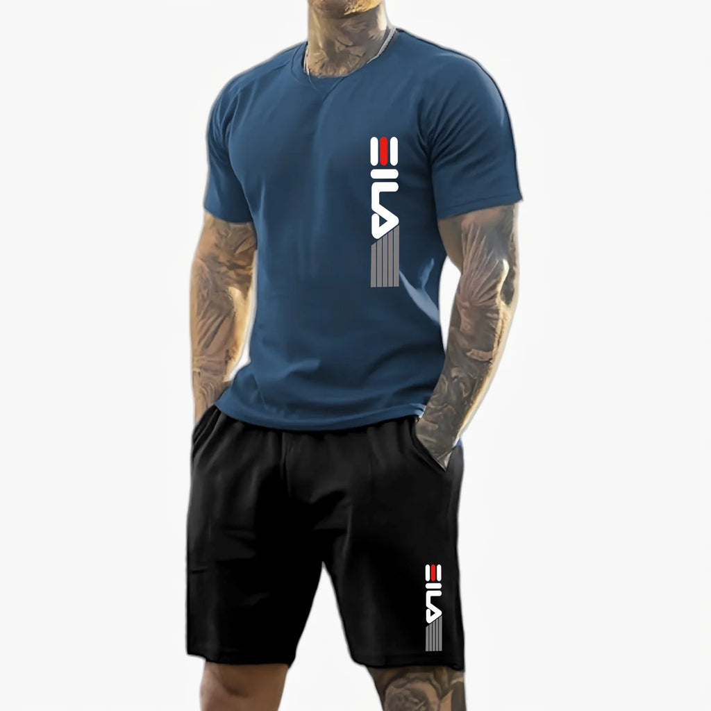 Männer 2025, Sommer, neuer lässiger Sportanzug, modisches, atmungsaktives Outdoor-Herren-Kurzarm-T-Shirt + Trainingsshorts, zweiteiliges Set