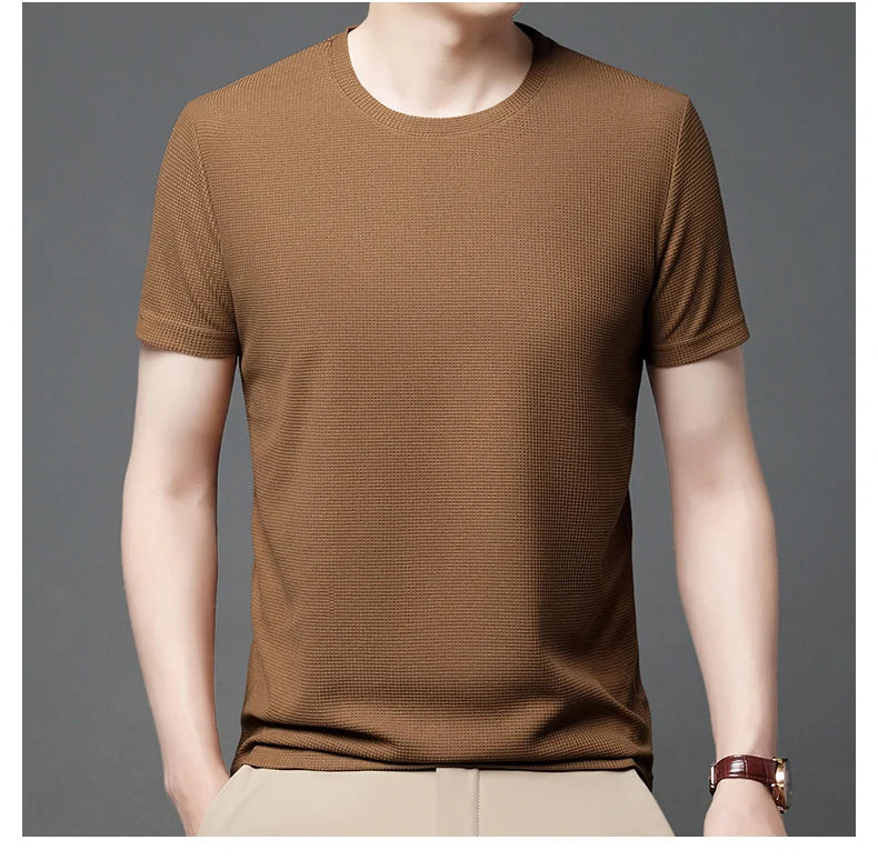 Kurzarm-PoloshirtKurzarm Waffle Solid Polot Fashion Splicing Herren-Rundhals-Top aus Baumwolle mit kurzen Ärmeln für den täglichen Gebrauch