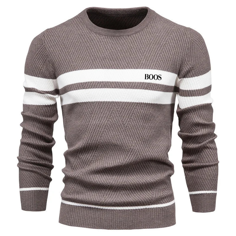 Autumn and winter men's casual striped men's sweater pullover, color blocked round neck embroidered men's European size knitted
