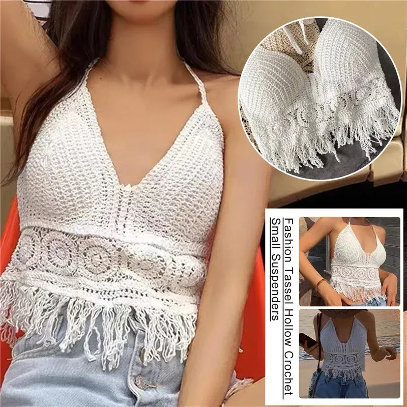 2024 sommer Sexy Strand Kurze Crop Top für Frauen Leichte Aushöhlen Häkeln Quasten Saum Halter Bhs Bustier mit Brust Pads