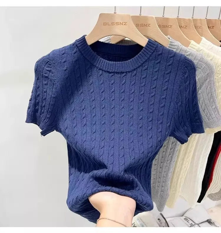 Zjaiss 2026 Sommer Koreanisches Retro Elegantes Textur-Kurzarm-Oberteil mit O-Ausschnitt und Zopfmuster für Damen – Weiches, lässiges, vielseitiges, dünnes T-Shirt