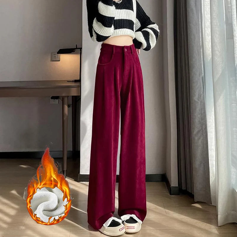 Heißer Verkauf Winter Dame Schnee Warme Hosen Mädchen Klassische Fleece Hohe Taille Hose Frauen Gerade Bein Plüsch Thermische Casual Hosen