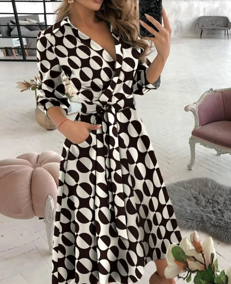 Herbst Neue Casual frauen Mode Lange ärmeln V-ausschnitt Gedruckt Muster Mid-länge Elegante Gedruckt frauen Kleid