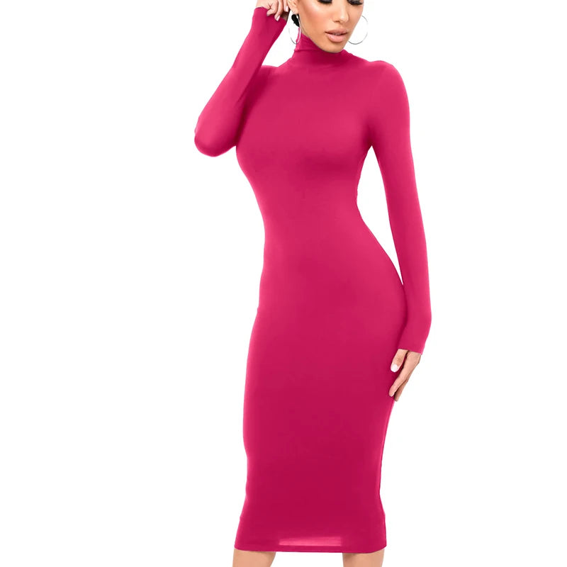 Winter Schwarz Rollkragen Sexy Frauen Kleid Herbst Langarm Dünne Midi Boydcon Casual Blau Plüsch Knie-Länge Party