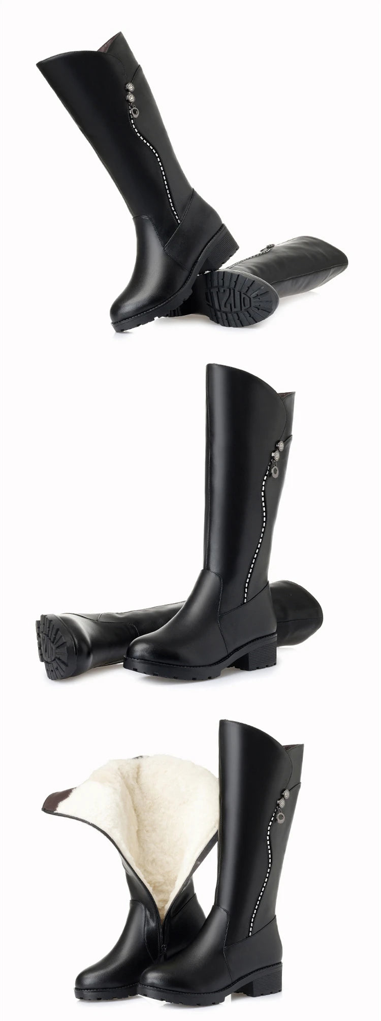 WOIZGIC Damen-Stiefel aus echtem Leder, für Damen, Plattform, Schnee, Wolle, Plüschfell, warm, Winter, mittlerer Absatz, Reißverschluss, Übergröße 42 43