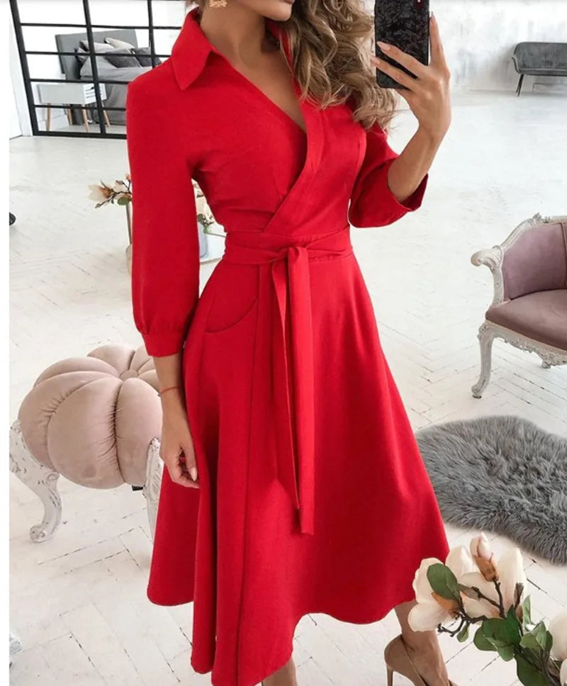 Herbst Neue Casual frauen Mode Lange ärmeln V-ausschnitt Gedruckt Muster Mid-länge Elegante Gedruckt frauen Kleid