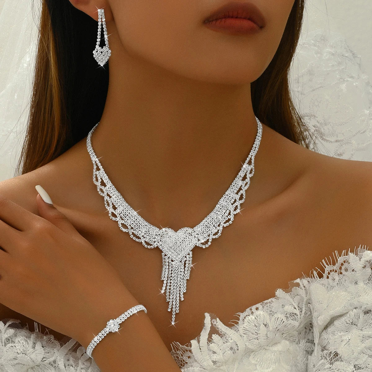 5/4/3PC Damenmode Design Pfirsich Herz Quaste Ohrringe Halskette Armband Set Hochzeit Bankett Party Urlaub Geschenk