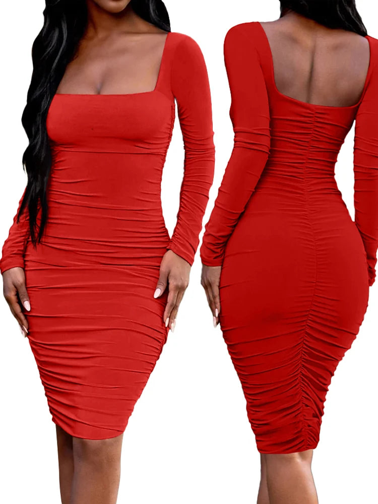 Herbst Winter Lange Ärmeln Kleider frauen Modische Temperament Square Neck Midi Kleid Sexy Party Club Kleid