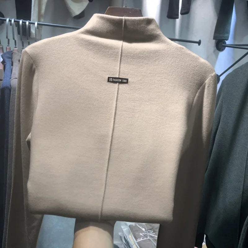 Harajuku half turtleneck Casual slim fleece Thick bottoming T-shirt autumn winter velvet Long Sleeve solid T Shirt Women y2k Top