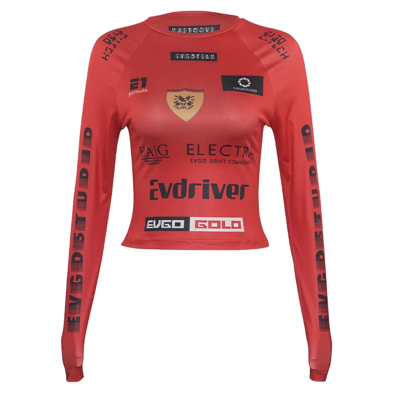 Oshfall European and American hot girls 2024 autumn new motorcycle style letter print round neck long sleeve slim women's tops