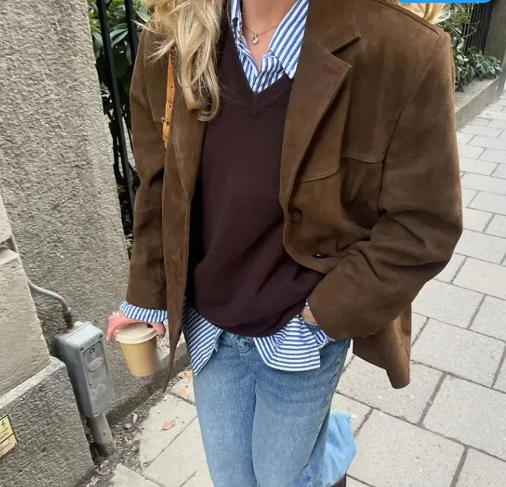 2024 herbst Winter Frauen Jacke Mit Revers Frau Casual Einreiher Tasche Langarm Kurzen Mantel Straße Mantel
