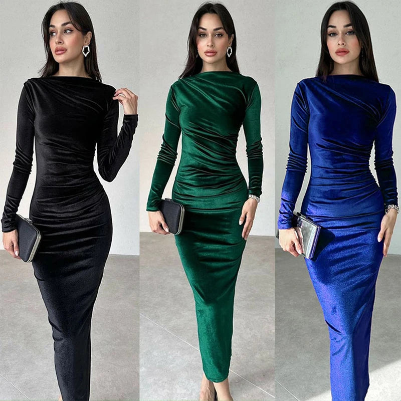 2024 frühling Sommer Samt Langarm Midi Kleid Für Frauen Geraffte Lange Kleid Elegante Party Kleidung Abend Grün Outfits