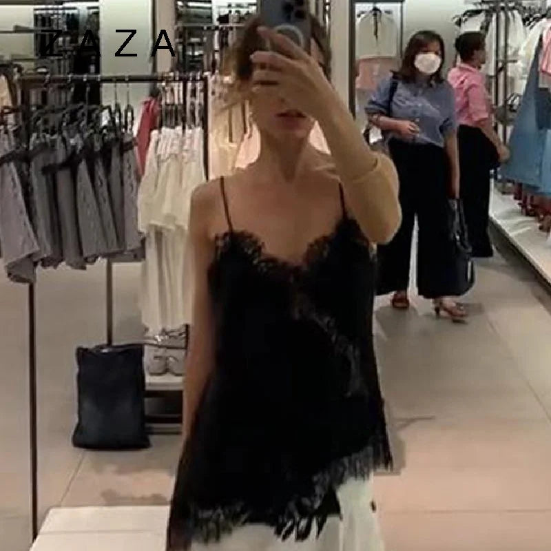 Sommer Frauen Halter Top Satin Spitze Gespleißt Tank Backless Tiefem Hals Sexy Weste Unregelmäßigen Saum Vestidos 2025, Dame Urlaub Sexy Tops