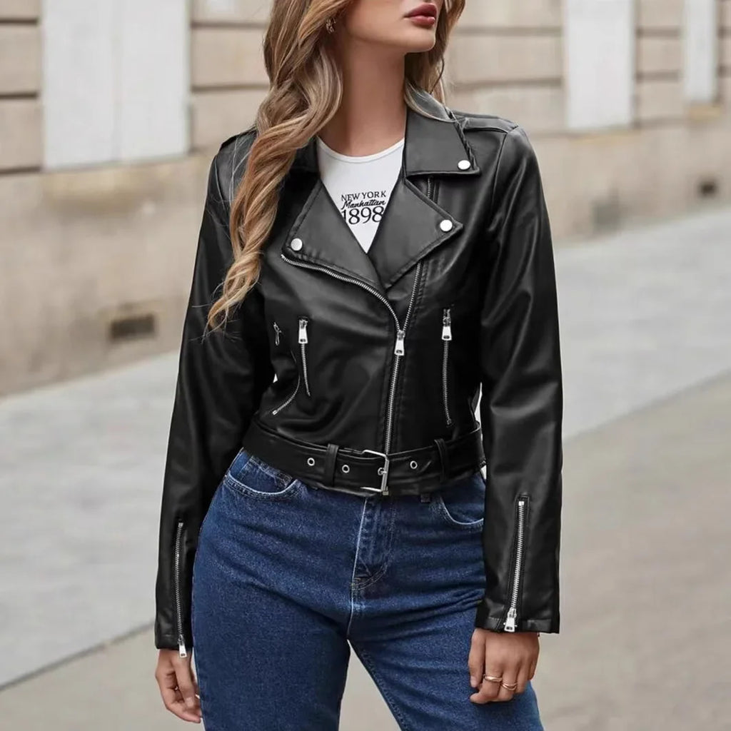 Black Short Motorcycle Jacket Women's Slim Fit PU Leather Coat Fake Leather Zipper Collar Full Sleeve Origin China Male Fashion