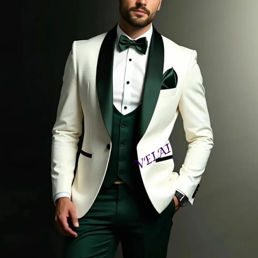 Angepasst Neue Weiß Und Grün Formale Business Männer Anzug Bräutigam Trauzeuge Hochzeit Party Prom Männlichen Smoking 3-teiliges Set Blazer Weste P