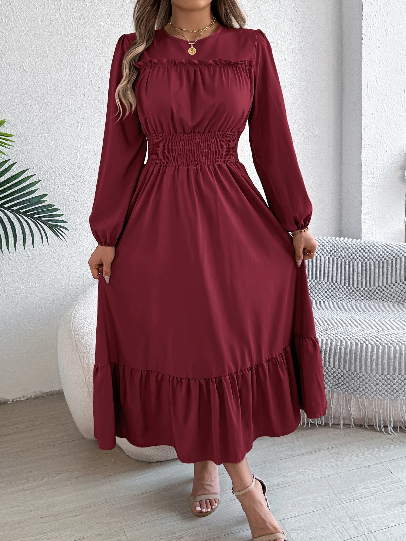 Herbst und Winter, lässig, elegant, einfarbig, Rundhalsausschnitt, langärmelig, Taille, gerafft, Lotusblatt-Rand, Damenbekleidung