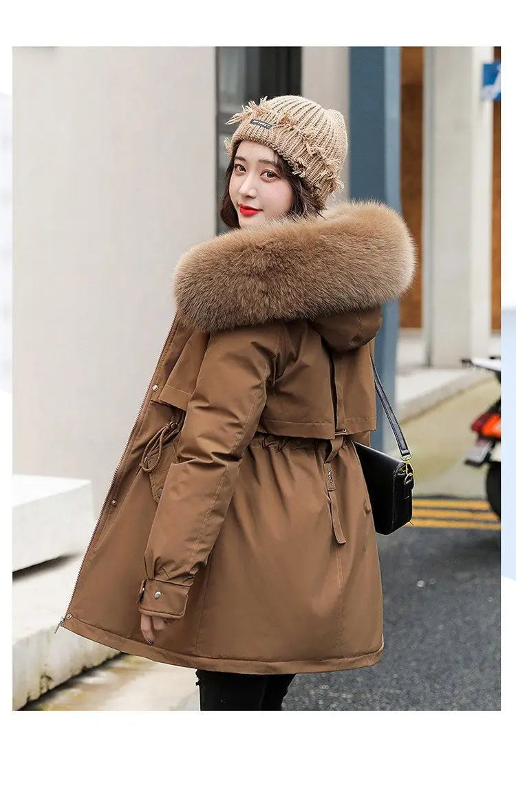 Frühling Parkas Frauen Mäntel Mittlere Länge Mantel Dicke Warme Mit Kapuze Kordelzug Jacken Splice Zipper Enge Taille Jacke Herbst Winter