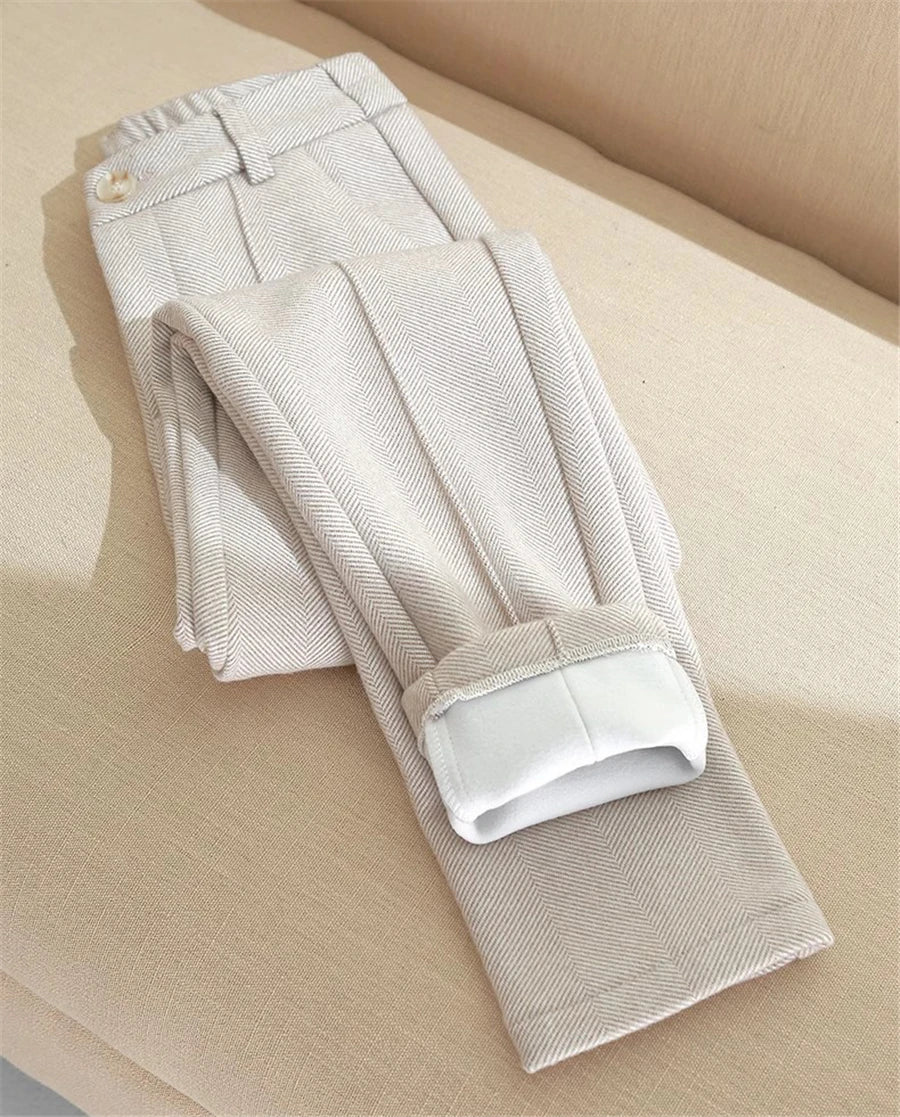 High Waist Wool Blend Pants Women Winter Thicken Plush Lined Harem Pantalones Office Casual Warm Ankle-length Woolen Spodnie