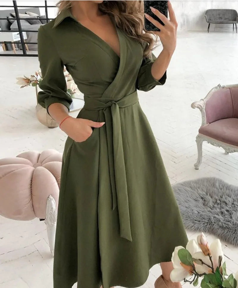 Herbst Neue Casual frauen Mode Lange ärmeln V-ausschnitt Gedruckt Muster Mid-länge Elegante Gedruckt frauen Kleid