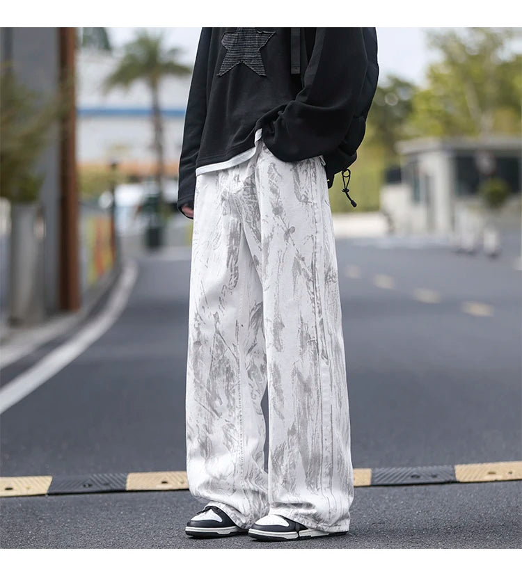 Jeans Herren Klassische Jeans mit geradem Bein, weiße Batik-Denim-Hose, Unisex, modische Freizeithose, Streetwear, Hip-Hop-Stil, gewaschen