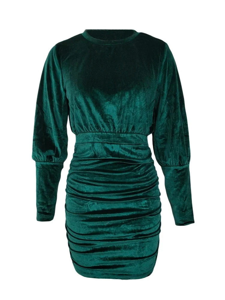 Damen Herbst-Samtkleid, einfarbig, Rundhalsausschnitt, Laterne, lange Ärmel, gerüscht, figurbetont, Minikleider, Party, elegant