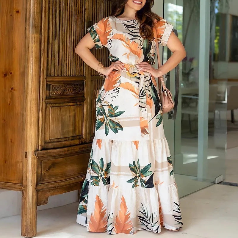 Hohe Taille Floral Blume Gedruckt Casual Fashion Lose Frauen Lange Maxi Kleid Kurzarm Gürtel Kleid