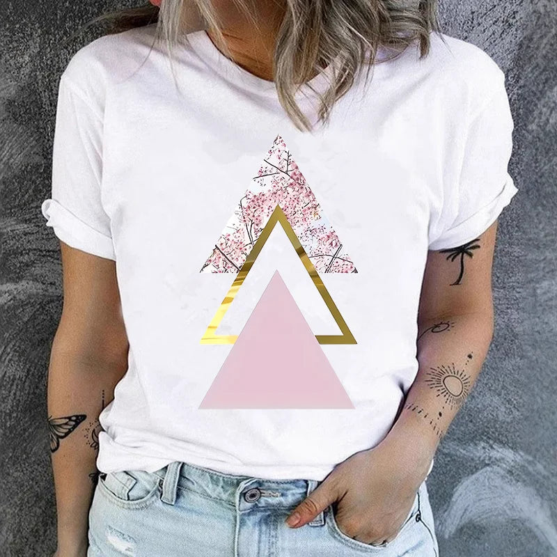 Klassisches, meistverkauftes, rosa, trapezförmig gemustertes, bedrucktes Damen-T-Shirt mit Rundhalsausschnitt und kurzen Ärmeln, modisches, sportliches Sommer-Modal-T-Shirt.