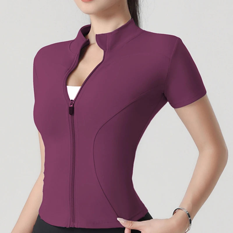 Woman yoga Jacket High Elastic Yoga Short Sleeve Coat Stand Collar Tight Sports Coat Naked Fitness Short Sleeve Female
