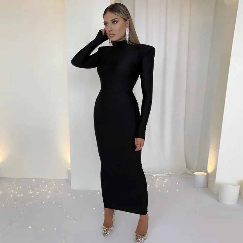 Schulter Gepolsterte Lange Hülse Bodycon Grün Party Club Maxi Lange Kleid 2024 Frühling Herbst Frauen Mode Elegante Kleidung