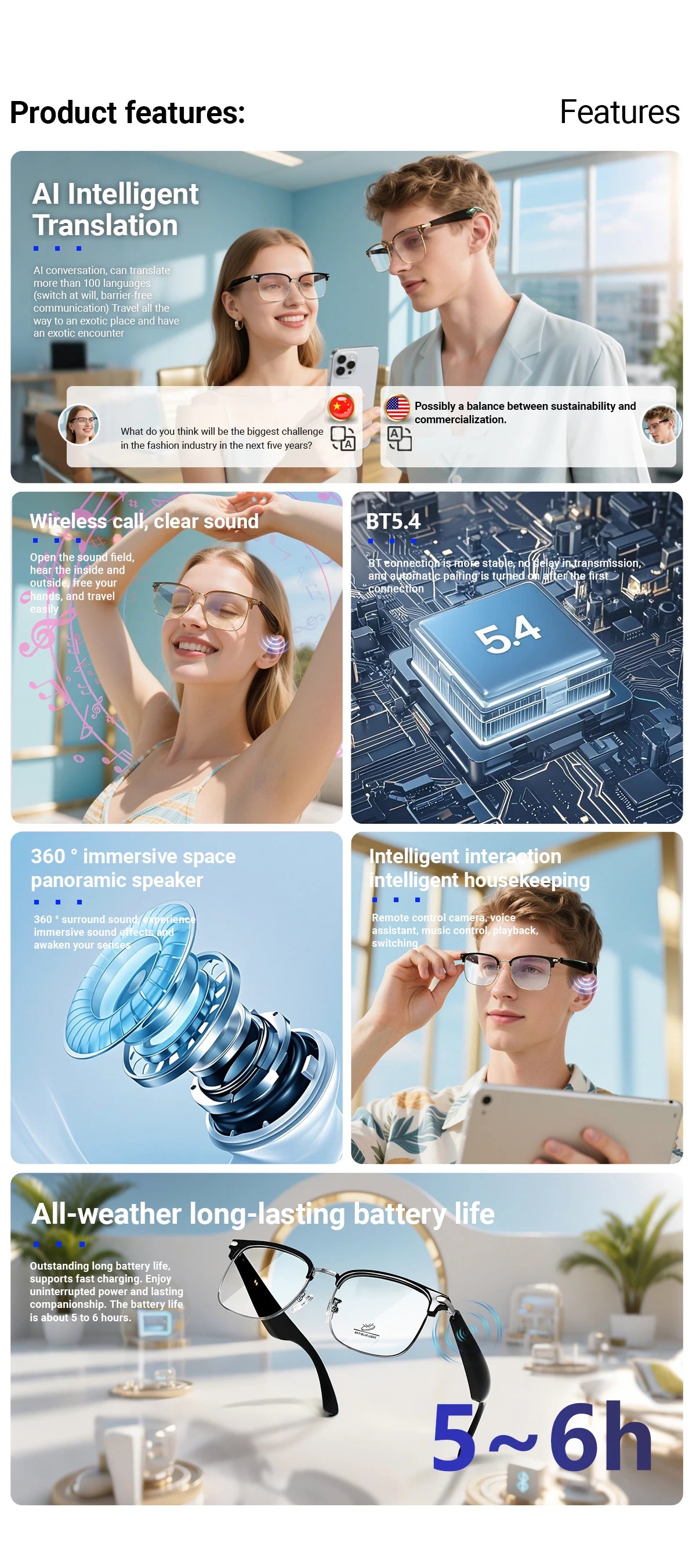 AI Simultaneous Translation Smart Wireless Bluetooth Glasses Anti-Blue Light Glasses Music Play Phone Answering Multi-functional