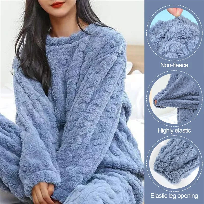 Winter Frauen Pyjamas Set Korallen Samt Flauschigen Homewear Verdickt Zwei Stück Loungewear O Neck Nachtwäsche Weiche Warme Freizeit Anzug