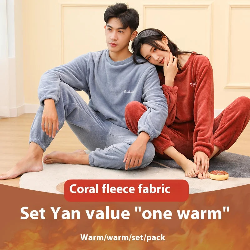 Verdickte Warme Männer Korallen Samt Pyjamas Herbst Winter Homewear Lange Ärmeln Lange Hosen Solide Weiche Nachtwäsche 2 Teile/satz Paar